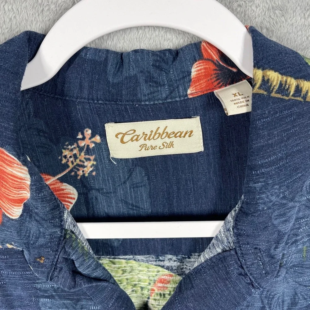Caribbean Button Down Shirt Mens XL Blue Silk Tropical Parrot Hibiscus Camp - Picture 2 of 8